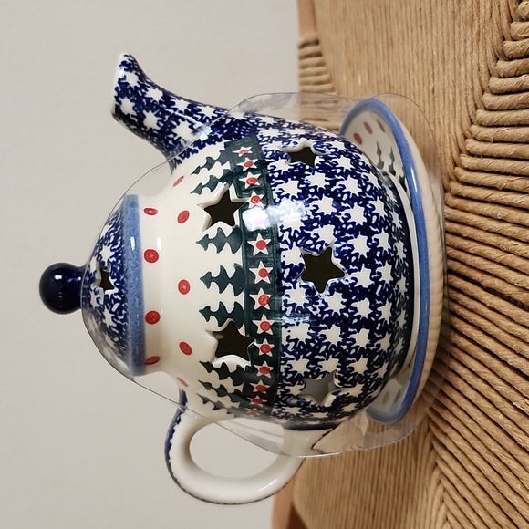 Wiza Blue White Ceramic Teapot w/ Saucer Handmade Made In Poland Cabin Christmas - Picture 3 of 5